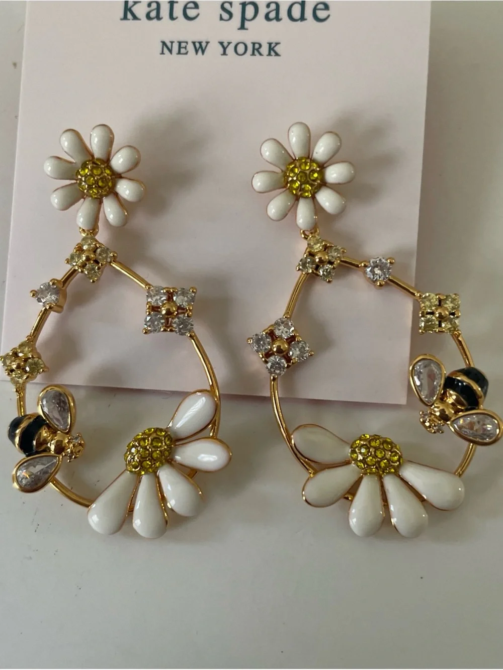 kate spade White & Gold Daisy Hoop Earrings with Bee Accents
